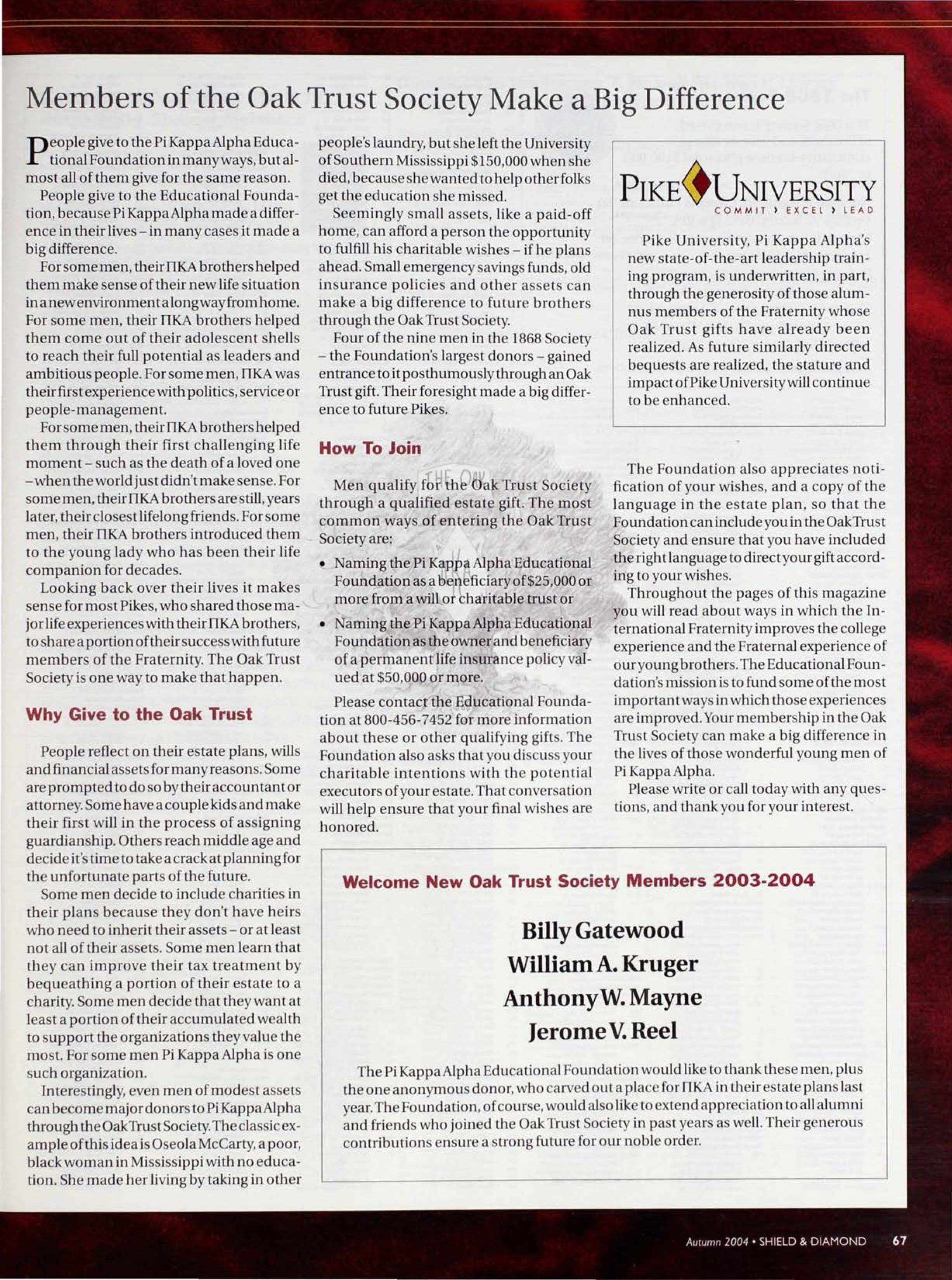 Welcome New Oak Trust Society Members 2003-2004